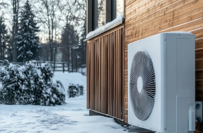 Foto eines Hausauschnittes, mit einer Wärmepumpe im Winter